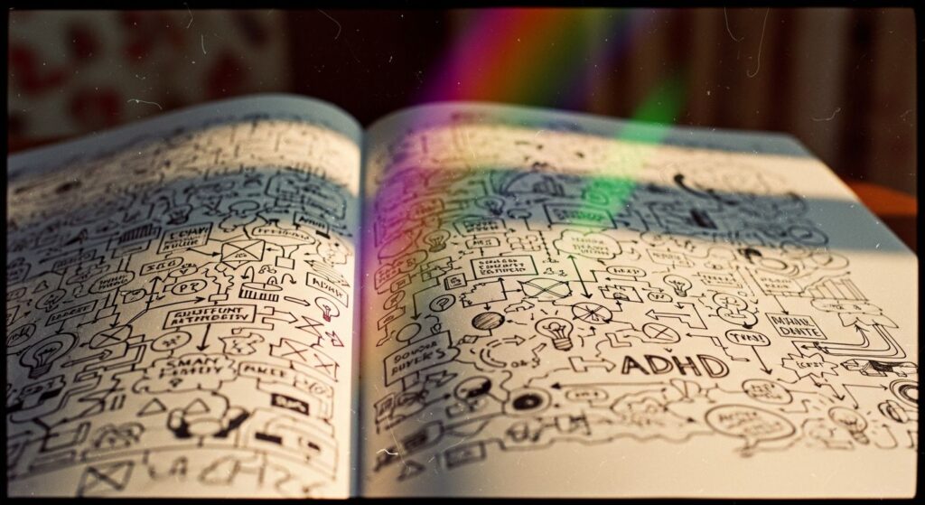 Um livro rabiscado, cheio de ideias. TDAH.